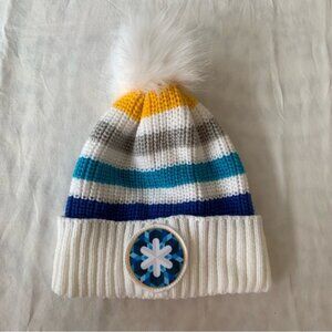 Striped Knitted White & Blue Toque with Fuzzy Pom Pom